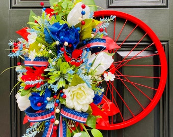 Patriotic Floral Bicycle Wheel Wreath for Front Door, July 4th Door Hanger, Flag Decor for Front Porch