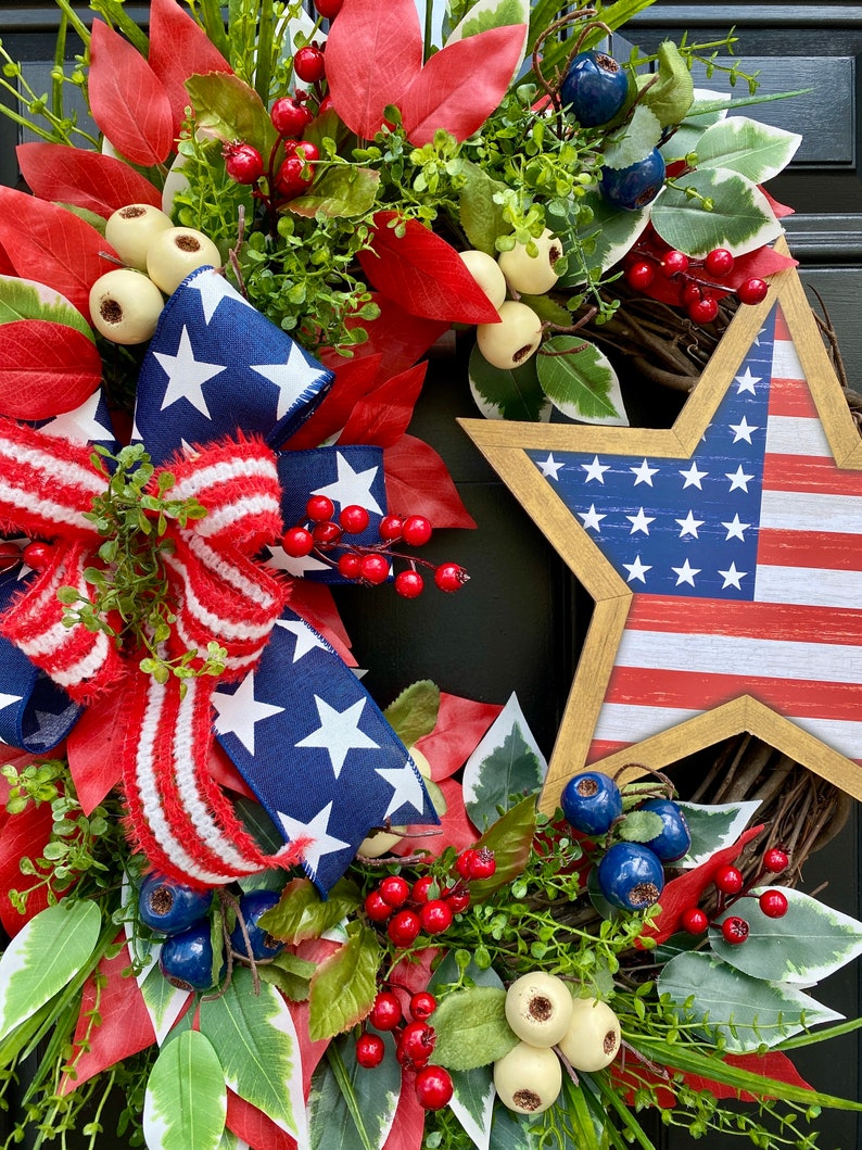 Flag Wreath, Patriotic Floral Grapevine Wreath, July 4th Wreath, July Fourth Americana, America Wreath image 2