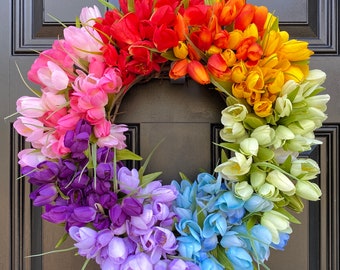 Rainbow Tulip Wreath on Grapevine, Floral Mothers Day Decor, Spring Front Door Wreath, Year Round Wall Decor