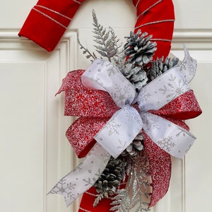 Candy Cane Door Hanger for Front Porch, Pine Cone Velvet Candy Cane Wreath