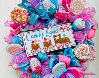Candy Land Theme Christmas Wreath for Front Door, Holiday Pastel Front Porch Decor with Cupcakes and Peppermint Candies