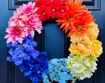 Floral Rainbow Pride Wreath for Front Door, Indoor Wall Decor, Front Porch Decor, Love Wins Grapevine Decor