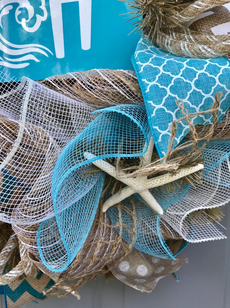 Life's A Beach Burlap Deco Mesh Wreath with Seashells, Seashell Wreath, Beach Wreath, Starfish Wreath image 7