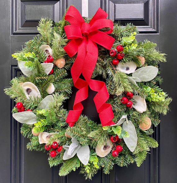 Oyster Seashell Evergreen Wreath With Lambs Ear, Natural Shell