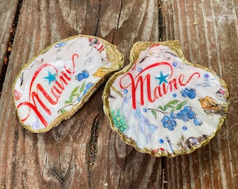 Maine State Beach Theme Oyster or Scallop Shell Ring Dish, Jewelry Trinket Dish, Stocking Stuffer, Coastal Decor