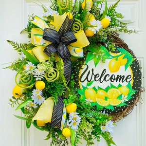 Lemon Welcome Wreath for Front Door, If Life Gives You Lemons Make Lemonade, Floral Grapevine Kitchen Decor