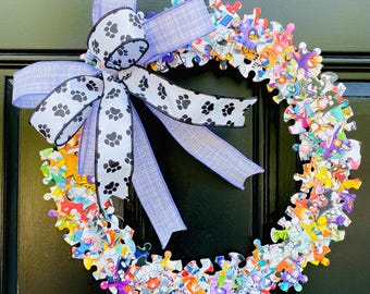 Cat Lover Puzzle Wreath, Rainbow Kids Room Decor, Front Door Decor, Craft Room Wall, Teacher Classroom Gift