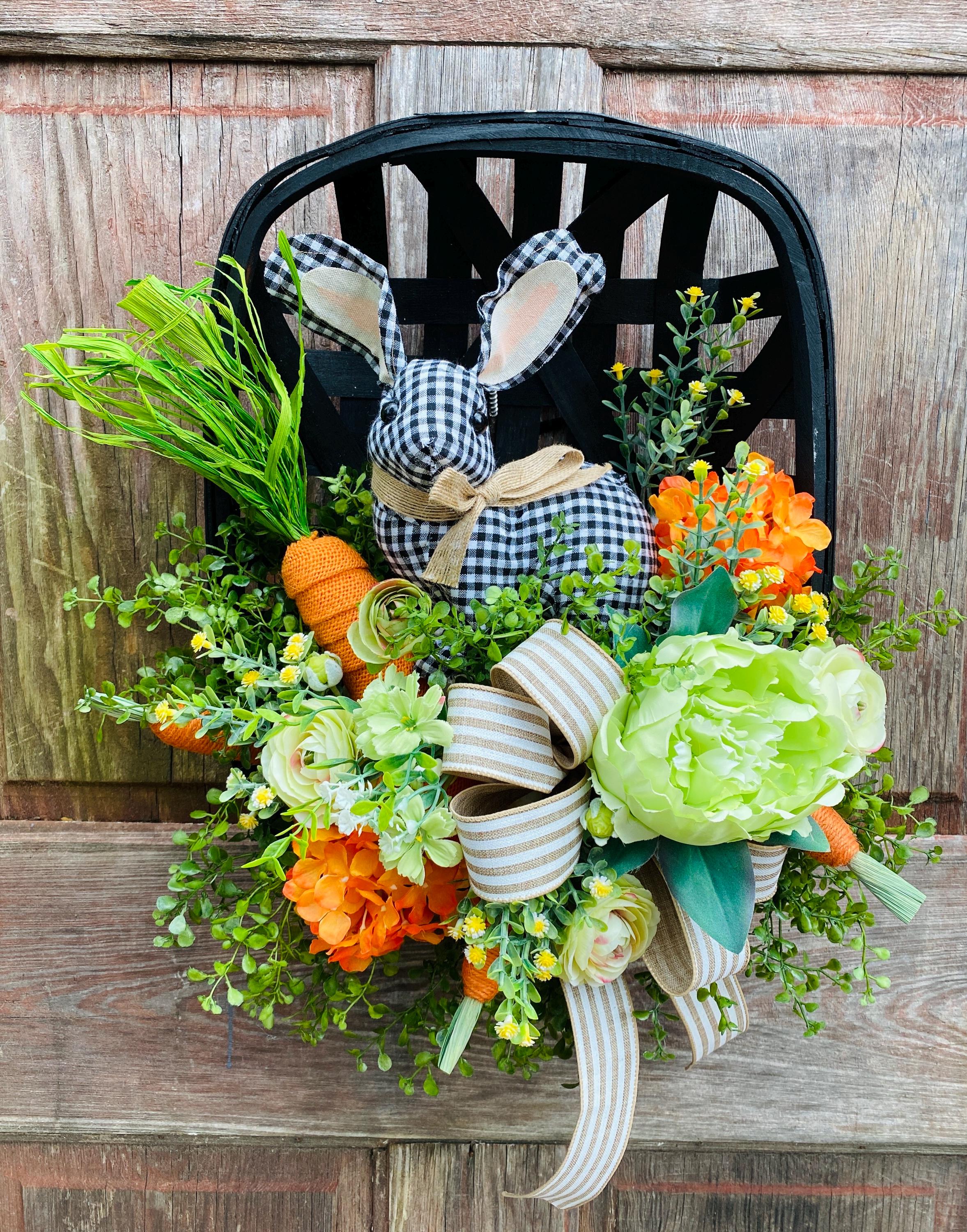 tobacco basket wreath ideas Easter Bunny Floral Basket, Spring Summer Door Hanger, Wall Basket, Farmhouse Decor Sunflower tobacco basket wreath |