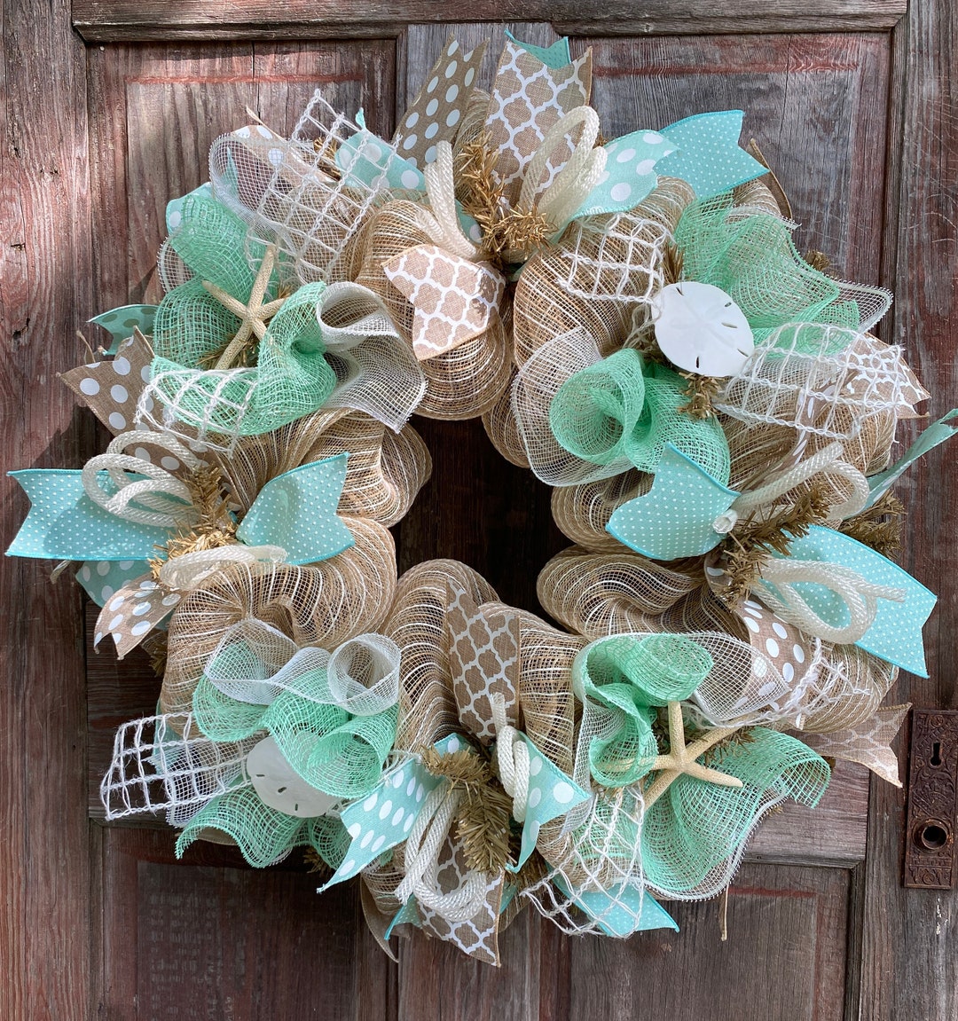 Beach Wreath, Burlap Deco Mesh Wreath With Seashells, Nautical