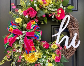 Mother’s Day Floral Wreath, Everyday Year Round Decor for Front Door with Hi Sign, Baby Shower Door Decor, Outdoor or Indoor Wedding Wreath