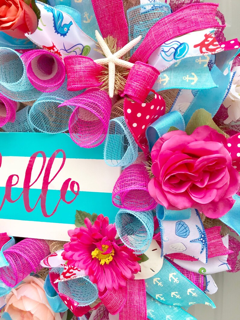 Summer Wreath Beach Wreath with Sea Shells and Flowers Seashell Wreath Beach House Decor Hello Wreath