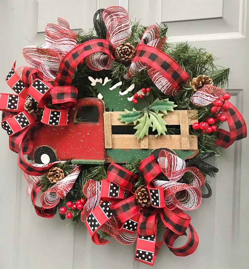 Old Red Truck Christmas Red Truck Wreath Christmas Decor Buffalo Plaid Evergreen