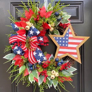 Flag Wreath, Patriotic Floral Grapevine Wreath, July 4th Wreath, July Fourth Americana, America Wreath image 1