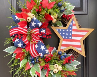 Flag Wreath, Patriotic Floral Grapevine Wreath, July 4th Wreath, July Fourth Americana, America Wreath