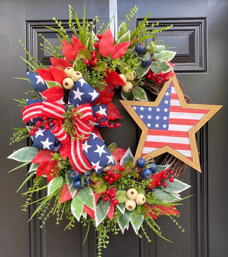 Flag Wreath, Patriotic Floral Grapevine Wreath, July 4th Wreath, July Fourth Americana, America Wreath image 1