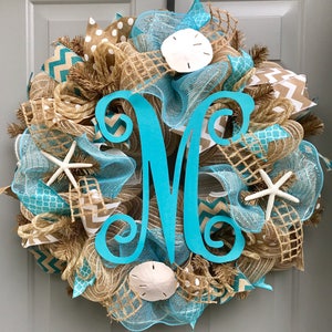 Personalized Beach Wreath, Beach Burlap Deco Mesh Wreath with Monogram, Seashell Wreath, Sea Shell Wreath, Beach Wreath, Starfish Wreath