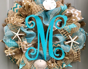 Personalized Beach Wreath, Beach Burlap Deco Mesh Wreath with Monogram, Seashell Wreath, Sea Shell Wreath, Beach Wreath, Starfish Wreath