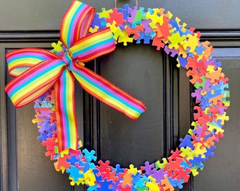 Puzzle Wreath, Rainbow Kids Room Decor, Front Door Decor, Craft Room Wall, Teacher Classroom Gift