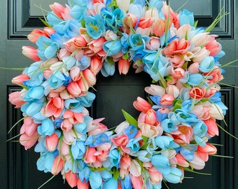 Pastel Tulip Wreath on Grapevine, Floral Mothers Day Decor, Spring Front Door Wreath, Year Round Wall Decor, Gender Reveal Party
