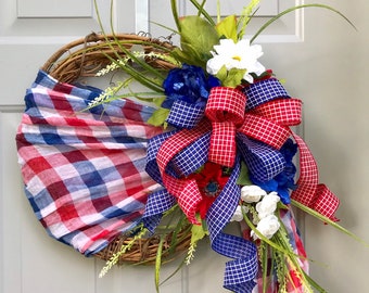 July 4th Wreath, Patriotic Floral Grapevine Wreath, Flag Wreath, July Fourth Wreath, America Wreath, Americana Decor, Patriotic Scarf