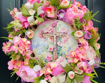 Easter Cross Floral Wreath, Christian Wall Decor, Spring Front Door Decor