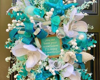 Beach Winter Wreath, Coastal Christmas Wreath, Seashell Holiday Decor, Nautical Front Door Wreath