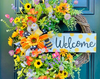 Welcome Floral Wreath, Everyday Year Round Decor for Front Door, Bee Door Decor, Sunflower Mothers Day Outdoor or Indoor Wreath