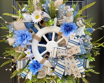 Nautical Wreath for Front Door, Ships Wheel Beach Cottage Decor, Coastal Vacation Home, Floral Beach Front Porch