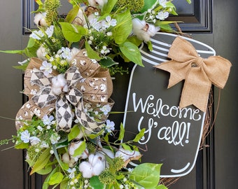 Welcome Y’all Mason Jar Farmhouse Cotton Wreath, Rustic Decor for Front Door, Greenery Grapevine, Neutral Decor for Front Porch, Indoor Wall