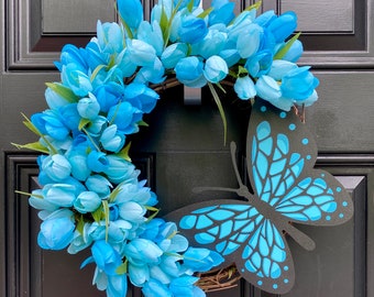 Blue Butterfly Tulip Wreath on Grapevine, Floral Mothers Day Decor, Spring Front Door Wreath, Year Round Wall Decor, Gift for Her