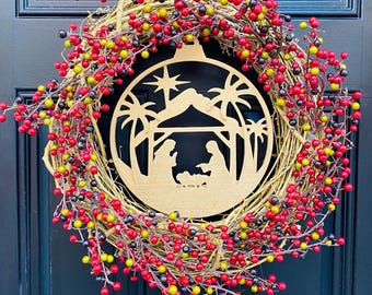 Christmas Nativity Berry Wreath, Christmas Minimalist Rustic Front Door Decor