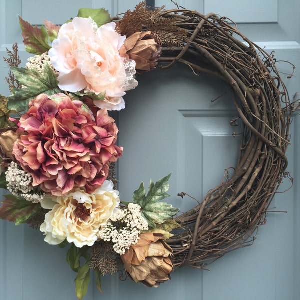 Floral Grapevine Wreath, Wedding Wreath, Wedding Gift, Elegant Pink Floral Wreath