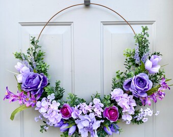 Rose and Hydrangea Hoop Wreath, Floral Minimalist Wreath, Wedding Decor, Modern Metal Wall Hanging