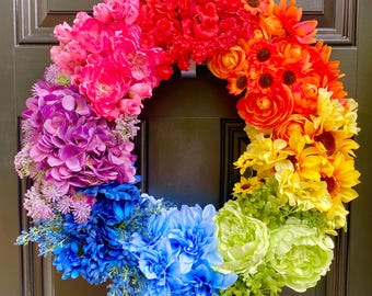 Floral Rainbow Pride Wreath for Front Door, Indoor Wall Decor, Front Porch Decor, Love Wins Grapevine Decor