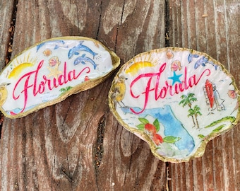 Florida State Beach Theme Oyster or Scallop Shell Ring Dish, Jewelry Trinket Dish, Stocking Stuffer, Coastal Decor