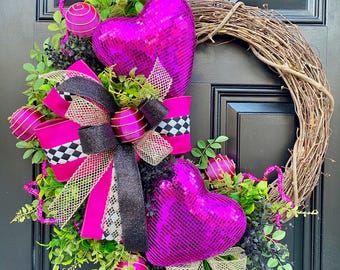 Happy Valentine's Day Floral Grapevine Wreath, Valentine Themed Heart for Front Door, Mirror Ball Disco Hearts Wall Decor, Fuchsia Hot Pink