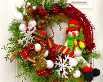 Snowman Christmas Wreath, Christmas Floral Grapevine Decor, Holiday Gift, Holly Berry Wreath