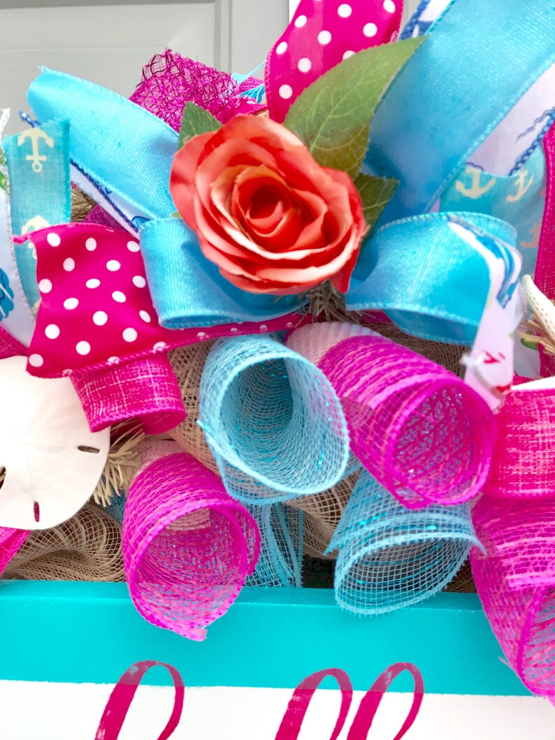 Summer Wreath Beach Wreath with Sea Shells and Flowers Seashell Wreath Beach House Decor Hello Wreath
