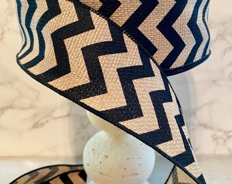 2.5" x 50yd Wide Black and Tan Chevron Cross Royal, Wired Edge Ribbon Wreath Supplies