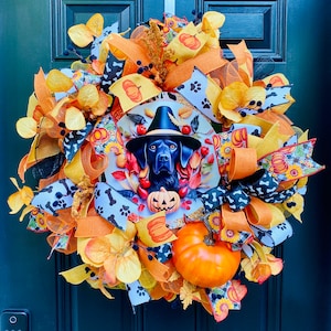 Black Lab Fall Wreath for Front Door, Halloween Wreath for Dog Lovers, Pet Witch Front Porch Decor