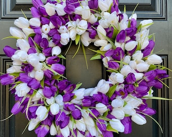 Purple Tulip Wreath on Grapevine, Floral Mothers Day Decor, Spring Front Door Wreath, Year Round Wall Decor, Valentines Day Gift for Her