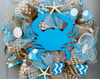 Blue Crab Beach Wreath, Burlap Deco Mesh, Seashell Wreath, Beach Decor, Starfish Room Decor