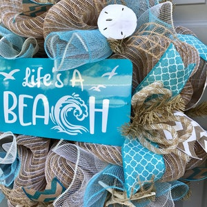 Life's A Beach Burlap Deco Mesh Wreath with Seashells, Seashell Wreath, Beach Wreath, Starfish Wreath image 2