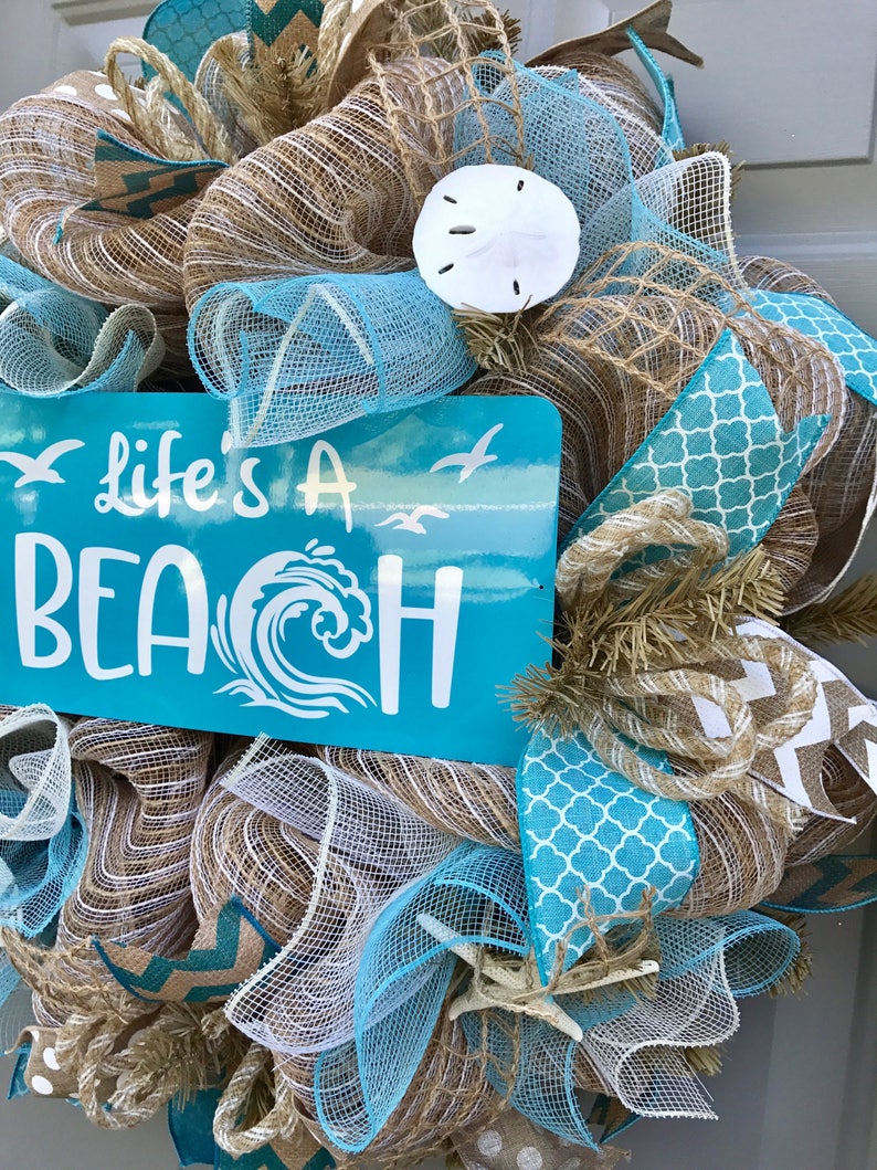 Life's A Beach Burlap Deco Mesh Wreath with Seashells, Seashell Wreath, Beach Wreath, Starfish Wreath image 2