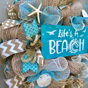 Life's A Beach Burlap Deco Mesh Wreath with Seashells, Seashell Wreath, Beach Wreath, Starfish Wreath image 5