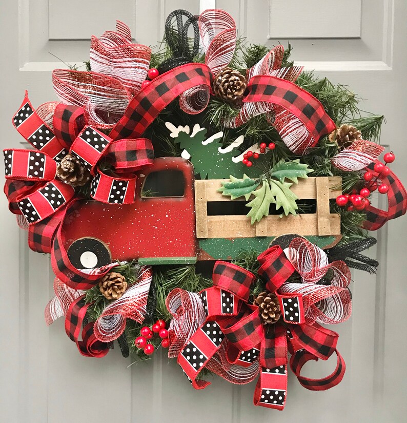 Old Red Truck Christmas Red Truck Wreath Christmas Decor Buffalo Plaid Evergreen