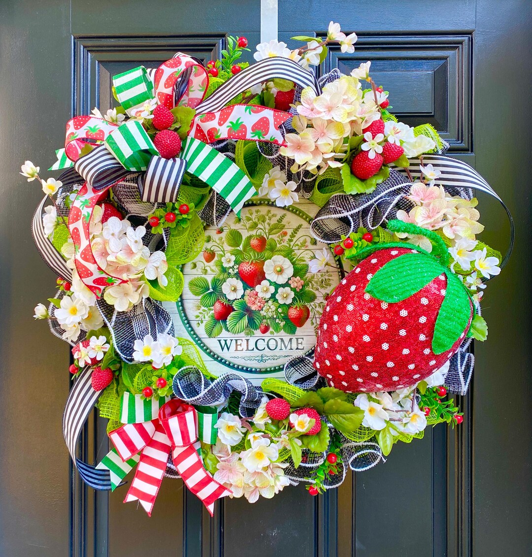 Strawberry Welcome Summer Wreath for Front Door, Deco Mesh Wreath for ...