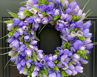 Purple Tulip Wreath on Grapevine, Floral Mothers Day Decor, Spring Front Door Wreath, Year Round Wall Decor, Valentines Day Gift for Her