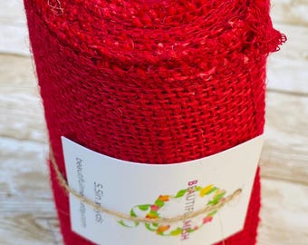 Red Burlap Garland 5.5"x5yds, Burlap Ribbon for wreath making and other crafts, Holiday Decor, Weave Burlap Roll, Christmas Tree Garland