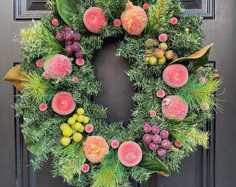 Williamsburg Style Christmas Wreath with Sugared Fruit, Apple Evergreen Wreath for Front Porch, Traditional Decor for Front Door